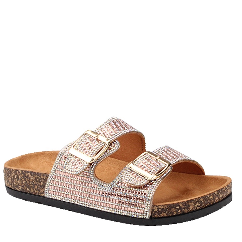 Italina Rhinestone Jewel Double Buckle Strap Cork Slide Contoured Sandal - Picture 15 of 15